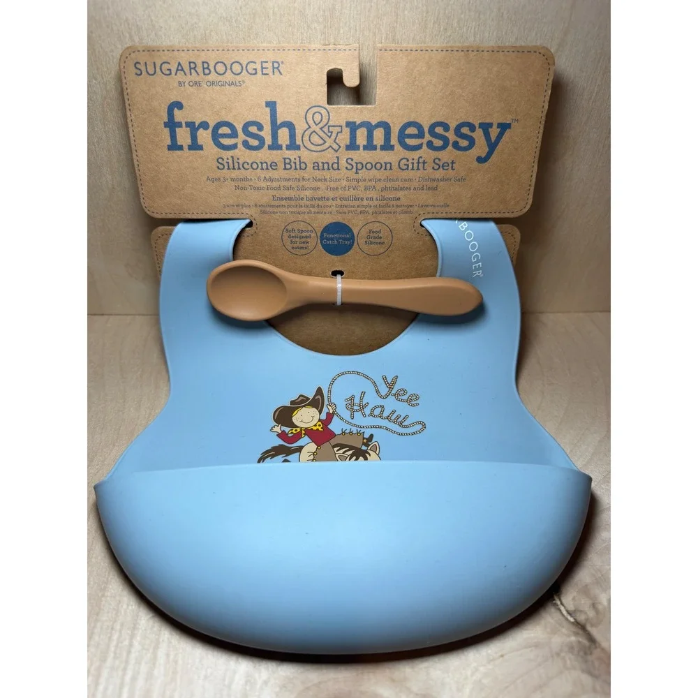 Sugarbooger Fresh‎ & Messy Silicone Bib and Spoon Gift Set Yee Haw Blue Cowboy